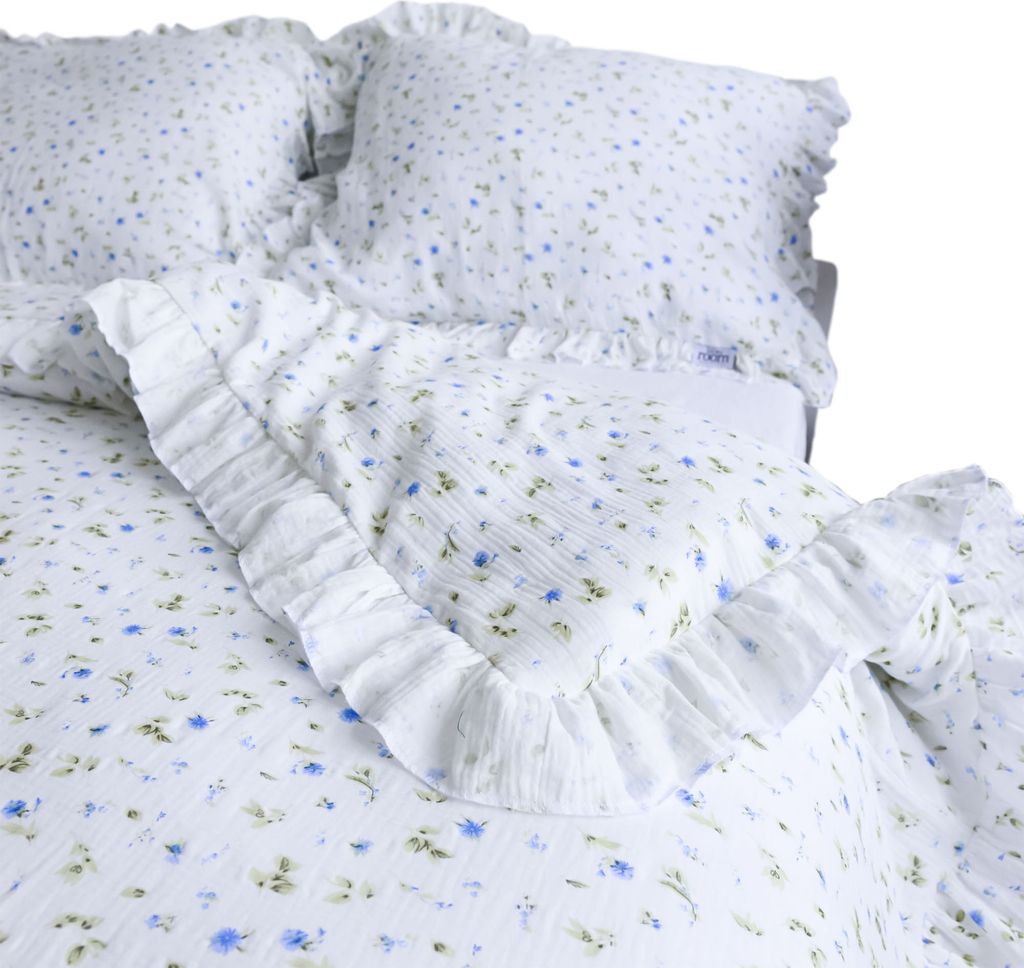Musselin Bettwäsche Mit Rüschen Set Bettdeckenbezug 140X200 Cm + Kissenbezug 70X80 Cm Blaue-Blumen