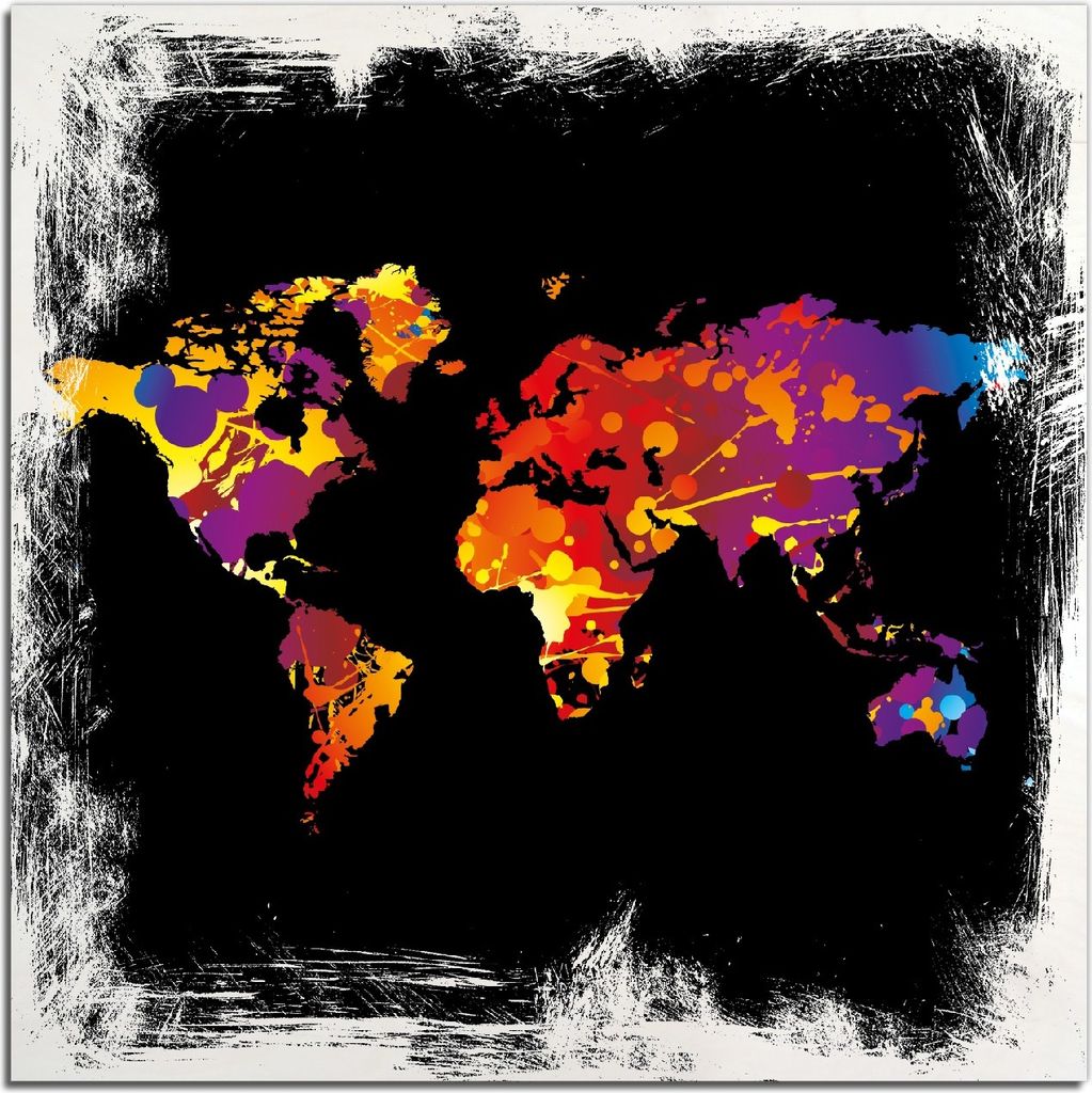 Kunstdrucke Wandbilder Holz in : Brillante Farben, Größe 50 x 50 cm Motiv Weltkarte aus bunten Farbspritzern