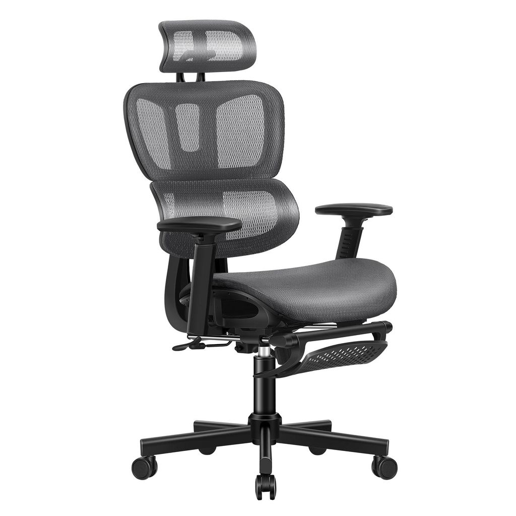 ALFORDSON Ergonomischer Netz-Bürostuhl mit 3D-Armlehne, Chefsessel mit verstellbarer Kopfstütze und Fußstütze, neigbarer Schreibtischstuhl, Grau