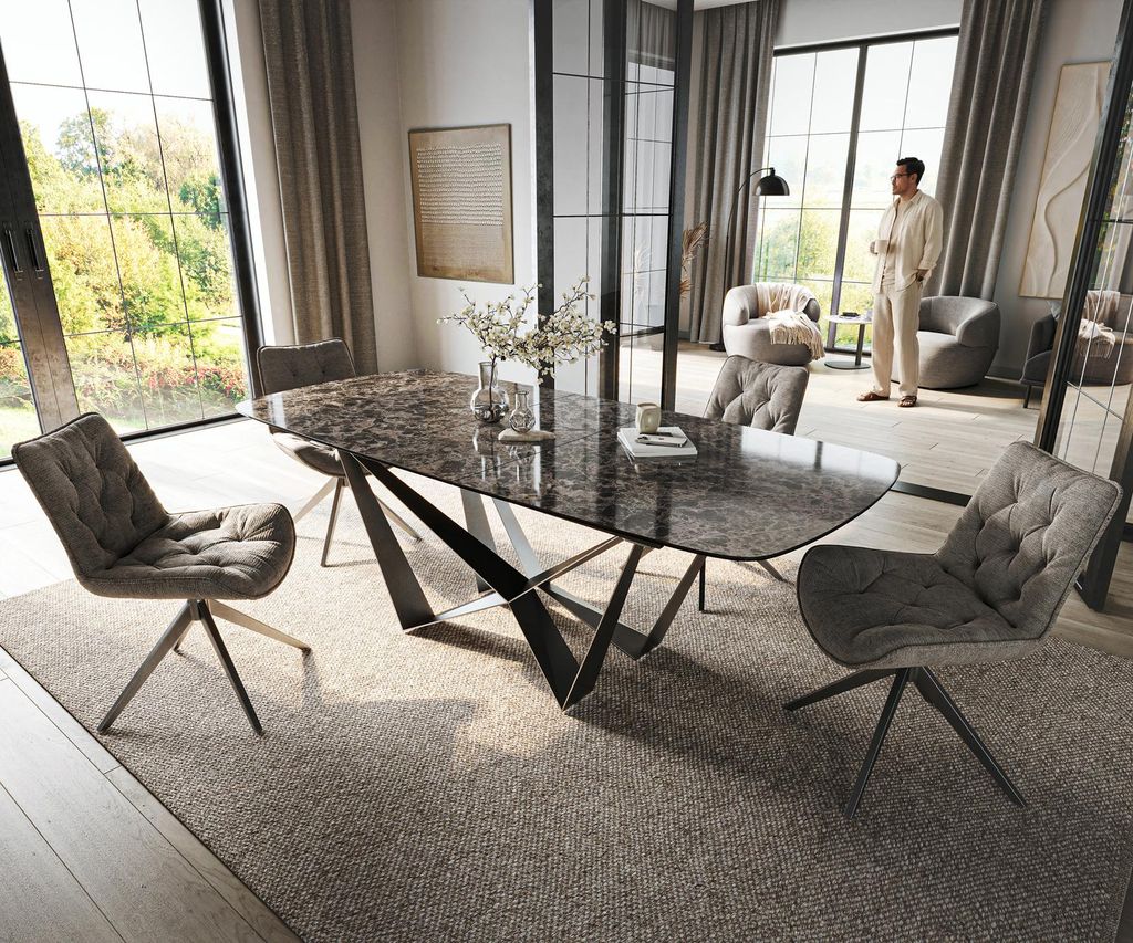 DELIFE Esstisch Edge Boot 180-220x100 cm Keramik Emperador Extra Lucidato Dunkelbraun Spider Flachstahl Edelstahl Graphit ausziehbar