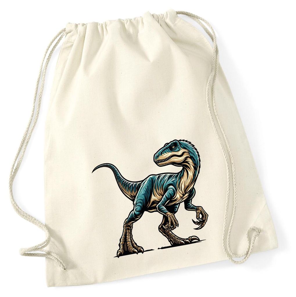 Huuraa Turnbeutel Velociraptor Dinosaurier 12 Liter Natural Baumwolle Rucksack Geschenkidee