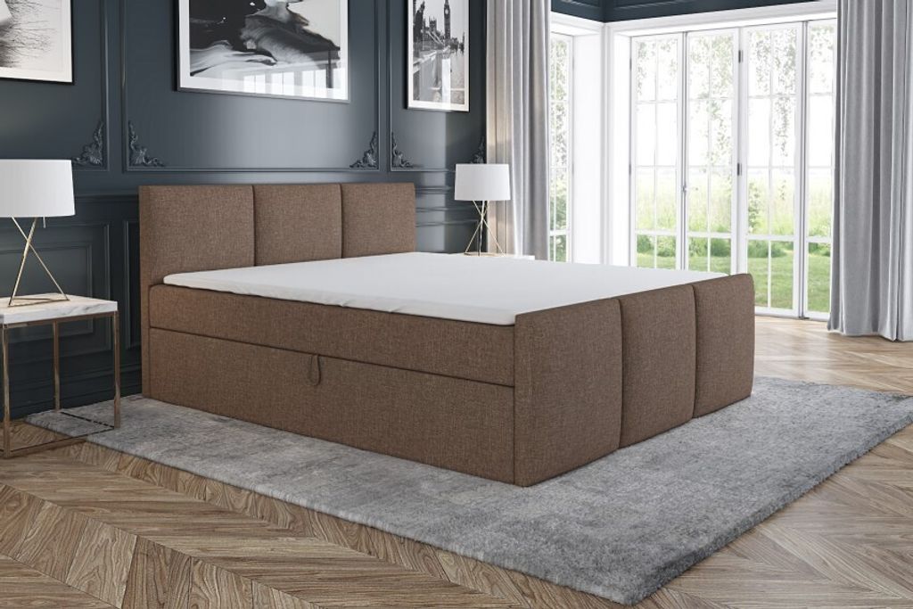 Boxspringbett RON 160 x 200 mit 2 Bettkästen, Bonell-Matratze und Topper. Farbe: Braun