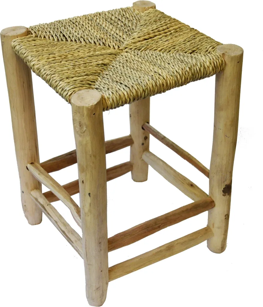 Sgabello Poggiapiedi Scandi 30x40 in Legno e Palma Intrecciata a Mano