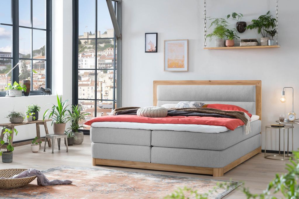 Belanoti Age Boxspringbett 180x200 Eiche 7-Zonen Taschenfederkern Matratze inkl Visco Topper Bett 180x200 in der Farbe Hellgrau H2/H3 Polsterbett H...