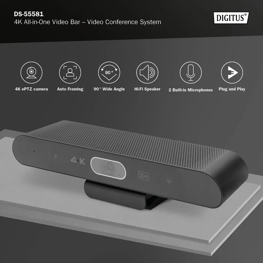 Système visioconférence 4K pour Huddle Rooms - Barre Vidéo DIGITUS USB