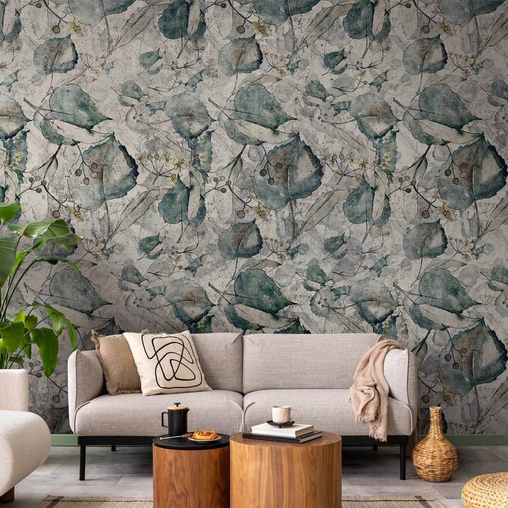 Vlies Fototapete - Autumn souvenirs - cool grey floral pattern with leaves 300x210 cm Blätter b-A-10150-a-c