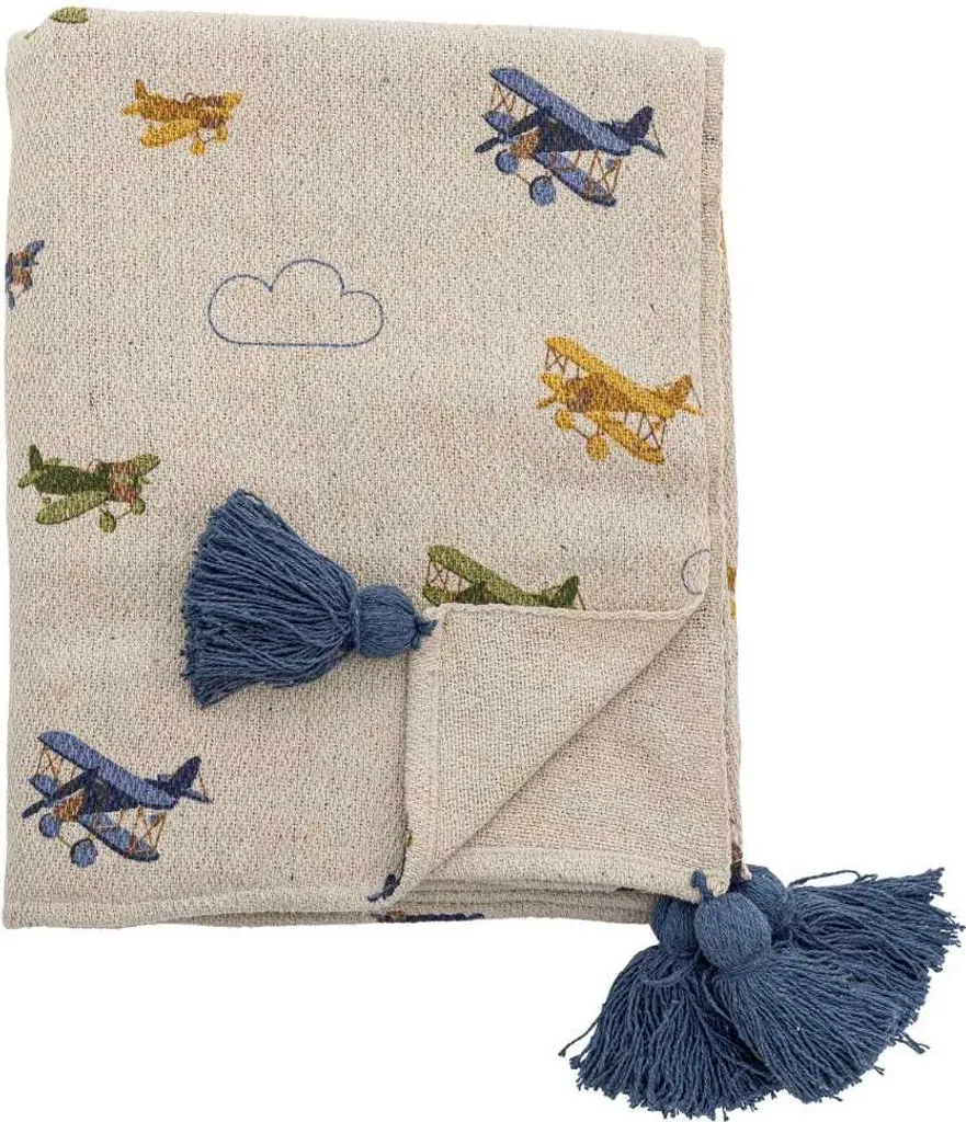 Couverture en Coton Naturel avec Avions et Pompons Bleus 160x130 cm