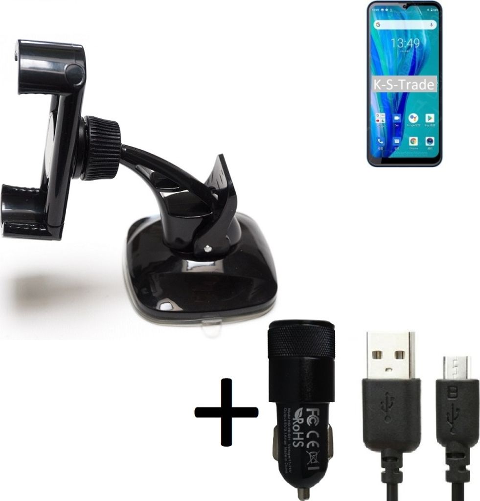K-S-Trade Halterung kompatibel mit Oukitel C23 Pro Windschutzscheibe / Armaturenbrett + LADEGERÄT mit Mico USB Kabel Autohalterung KFZ Halter