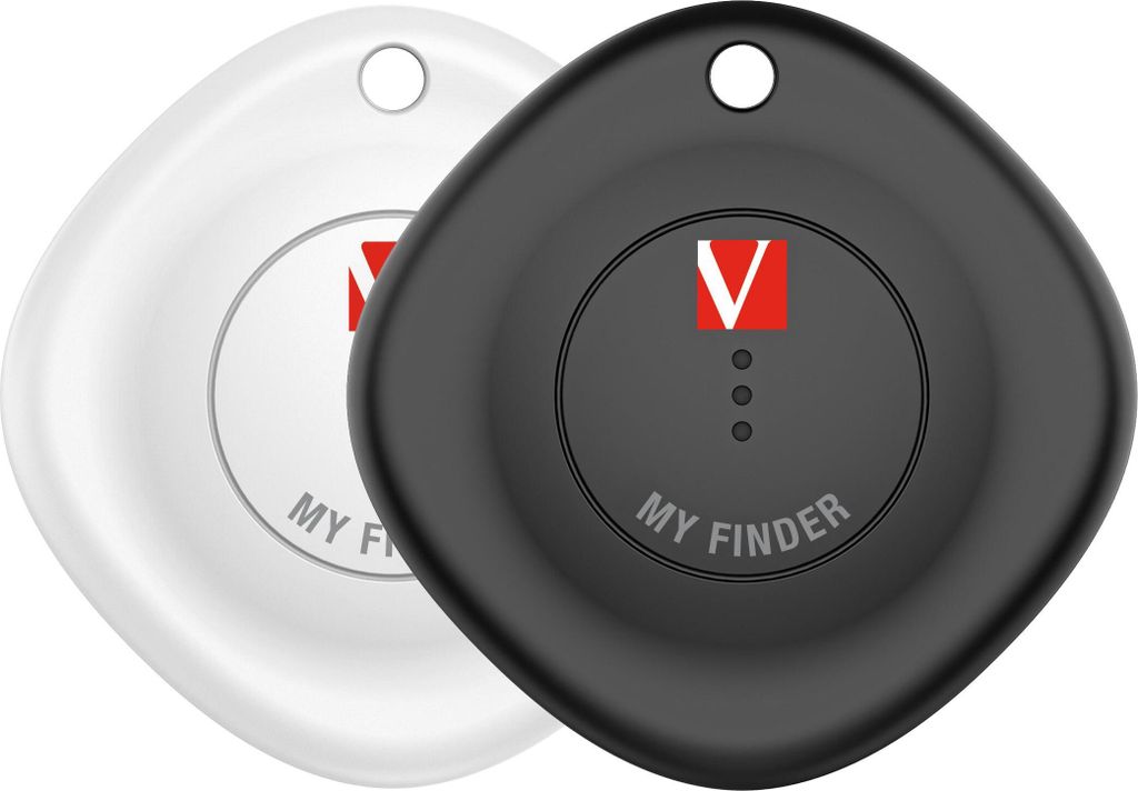 Two key finders, one black and one white, are shown side-by-side against a white background.
