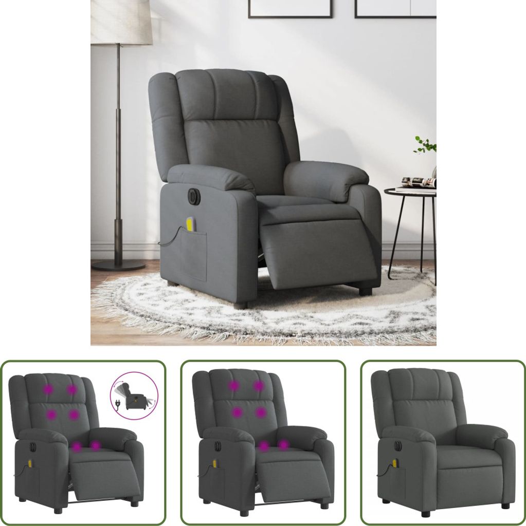 A dark gray fabric massage recliner chair is shown in a room setting with a floor lamp and a small side table.