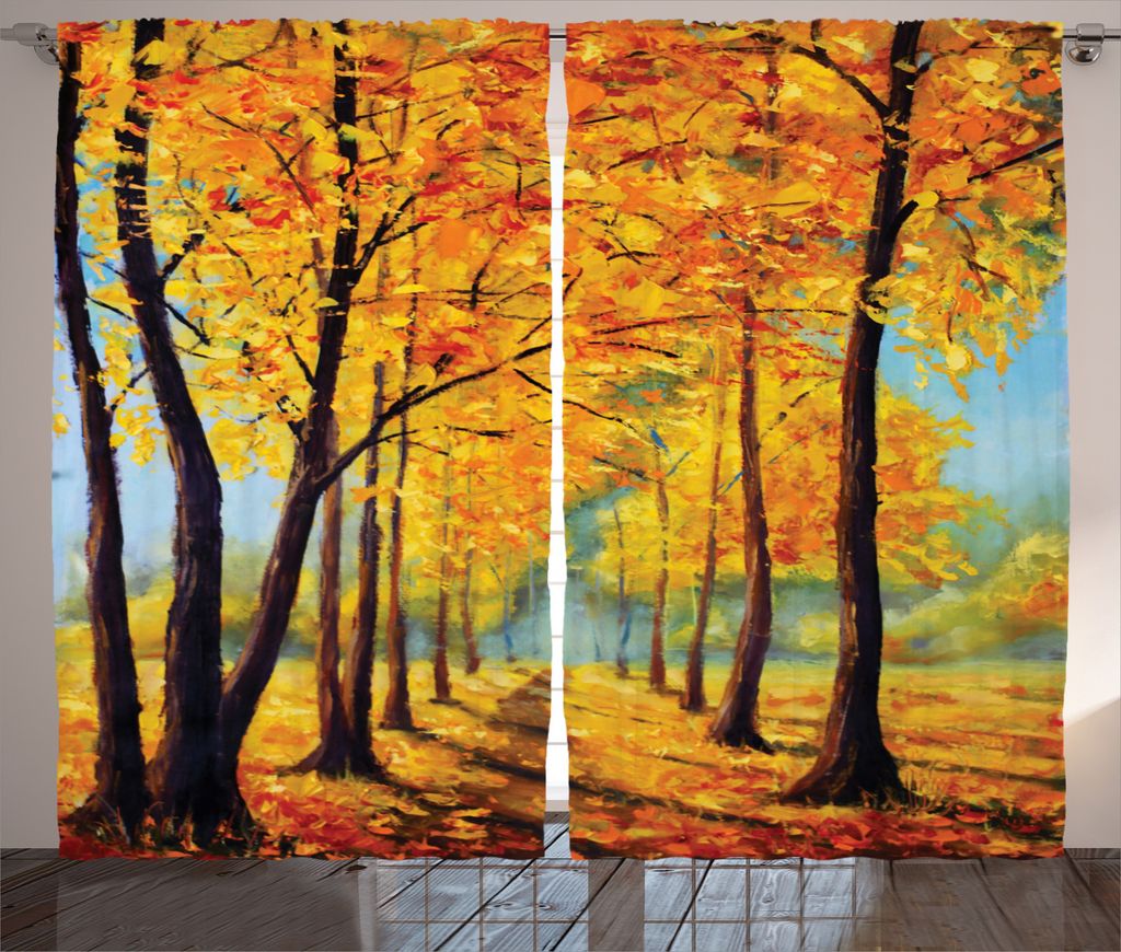 ABAKUHAUS Land Rustikaler Vorhang, Naturpark Herbst-Fall, Wohnzimmer Universalband Gardinen mit Schlaufen und Haken, 280 x 245 cm, Gelb Braun
