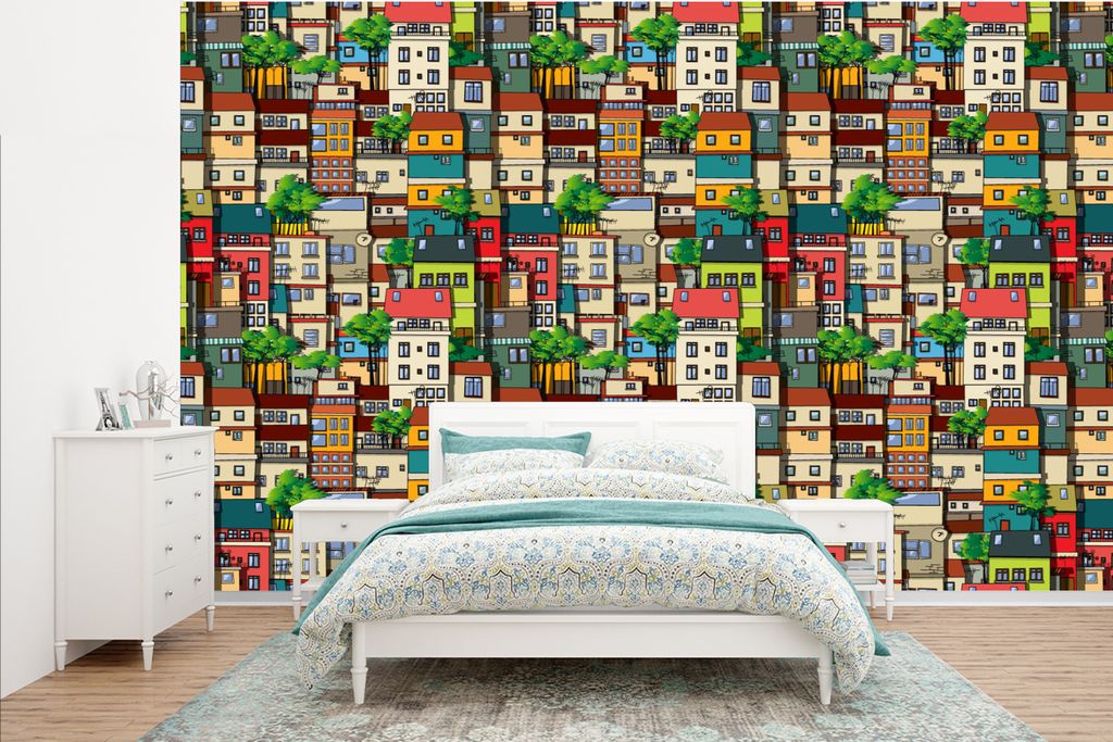 MuchoWow Fototapete für Wohnzimmer oder Schlafzimmer Wandtapete Vinyl Motivtapete Muster - Zuhause - Baum - Jungen - Kinder - Kinder - 385x240 c...
