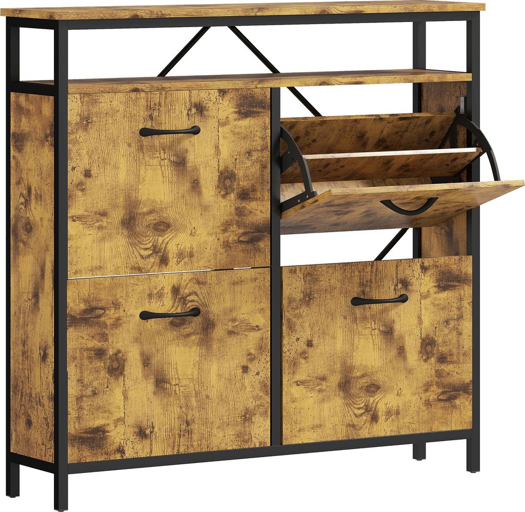 Schuhschrank mit 4 klappbaren Schubladen, schmales Design, offenes Regal, für 12-20 Paar Schuhe, Stahl, Braun