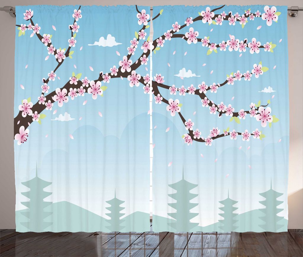 ABAKUHAUS Blumen-Landschaften Rustikaler Gardine, blühende Zweige, Schlafzimmer Kräuselband Vorhang mit Schlaufen und Haken, 280 x 225 cm, Sky Bl...