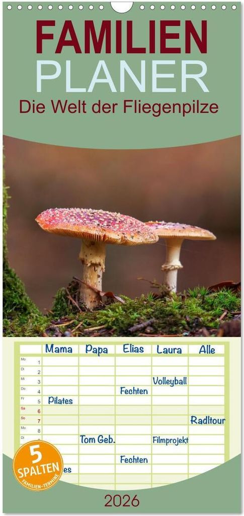 Familienplaner 2026 - Die Welt der Fliegenpilze mit 5 Spalten (Wandkalender, 21 x 45 cm) CALVENDO
