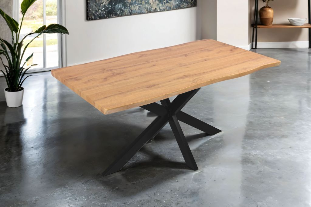 Esstisch 160x85 cm Baumkante Holz Wildeiche-Optik Spider-Gestell Metall schwarz JOSY