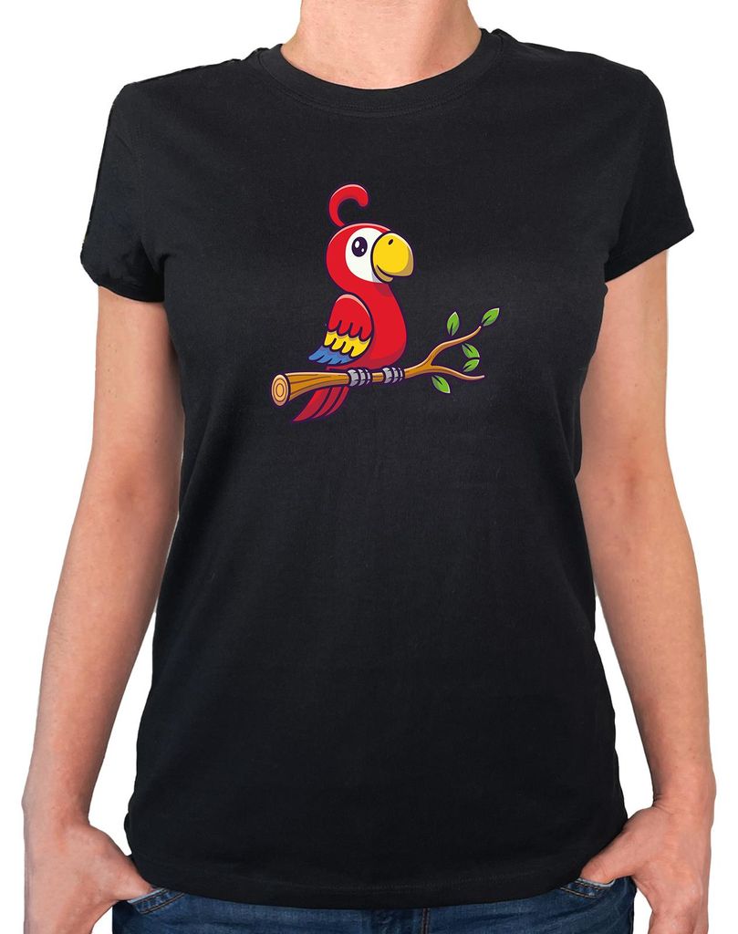 Huuraa Damen T-Shirt Papagei Ara Comic XS Black Bio Baumwolle Fairtrade Damenshirt Geschenkidee
