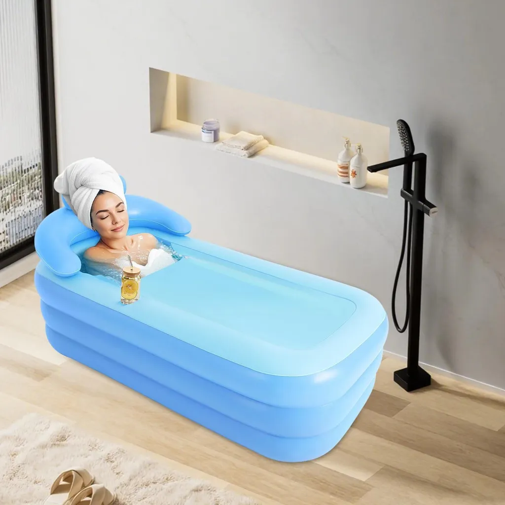 Vasca Da Bagno Gonfiabile Pieghevole In PVC – 150x80x75 Cm – Per Adulti E Bambini – Con Schienale, Cuscino E Tubo Di Scarico – Blu, Ideale Per SPA In Casa - 2