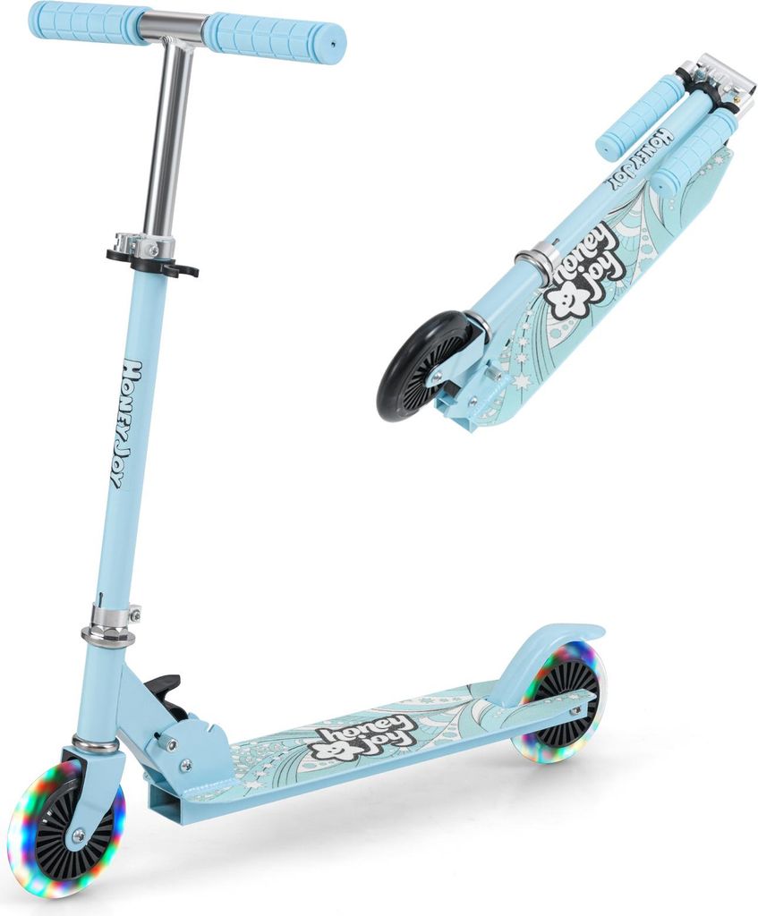GOPLUS Scooter Kinder, Roller Kinder ab 3 Jahren bis 50kg, Cityroller höhenverstellbar mit 2 LED Rädern & Hinterradbremse, Hellblau
