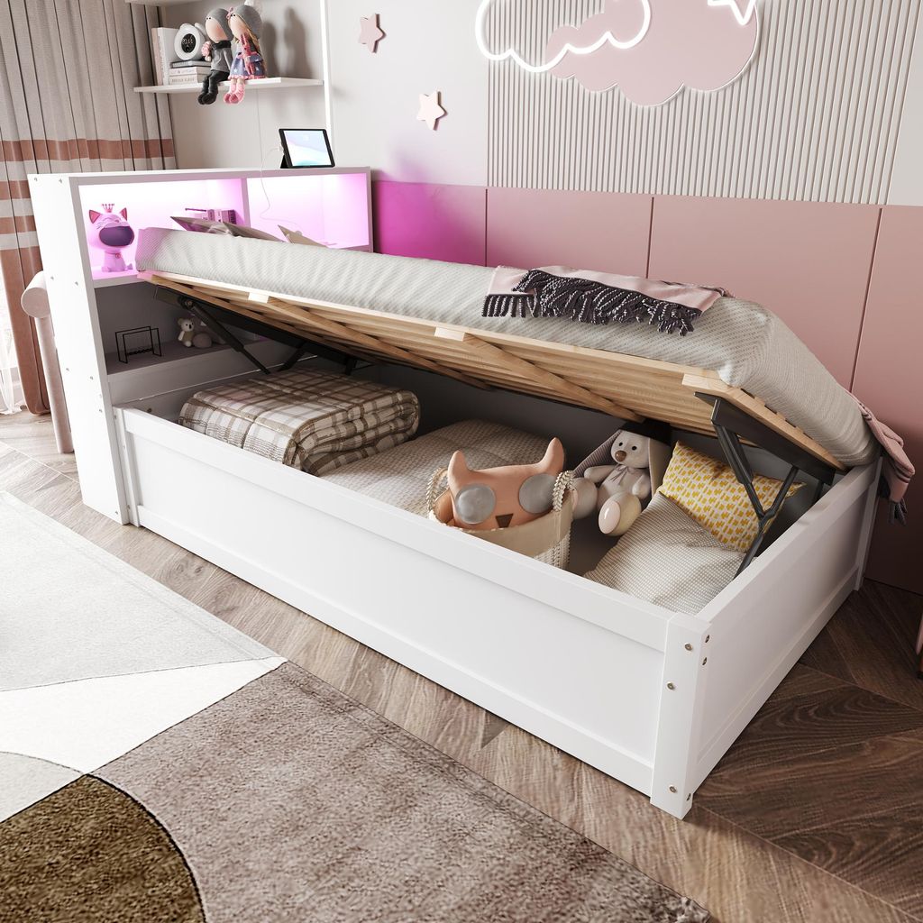 STILVORA 90x200 Schlafsofa mit USB-Steckdose,Tagesbett mit Staufächern und LED-Licht,Einzelbett hydraulisches Bett für Gäste,Kinder oder Jugend,...