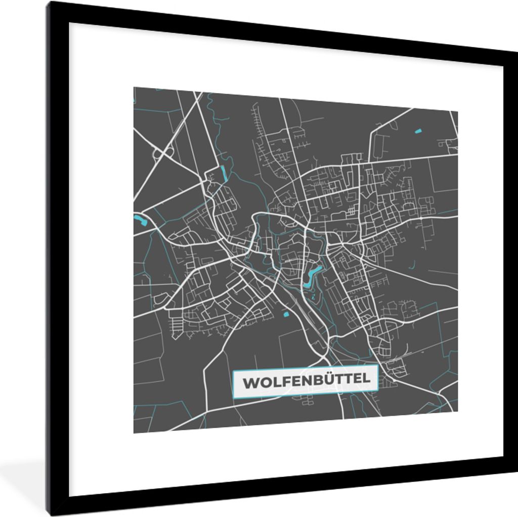 MuchoWow Gerahmtes Poster Karte - Wolfenbüttel - Blau - Stadtplan - Deutschland 40x40 cm - Poster mit Schwarzem Bilderrahmen Wandposter Rahmen F...