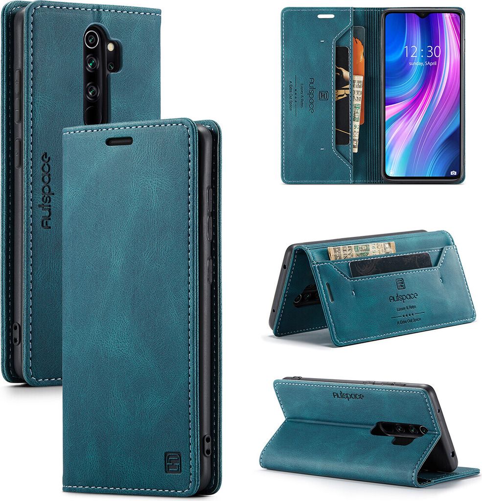 A collage of images showing a teal leather wallet case for a smartphone, with different angles and views of its features.