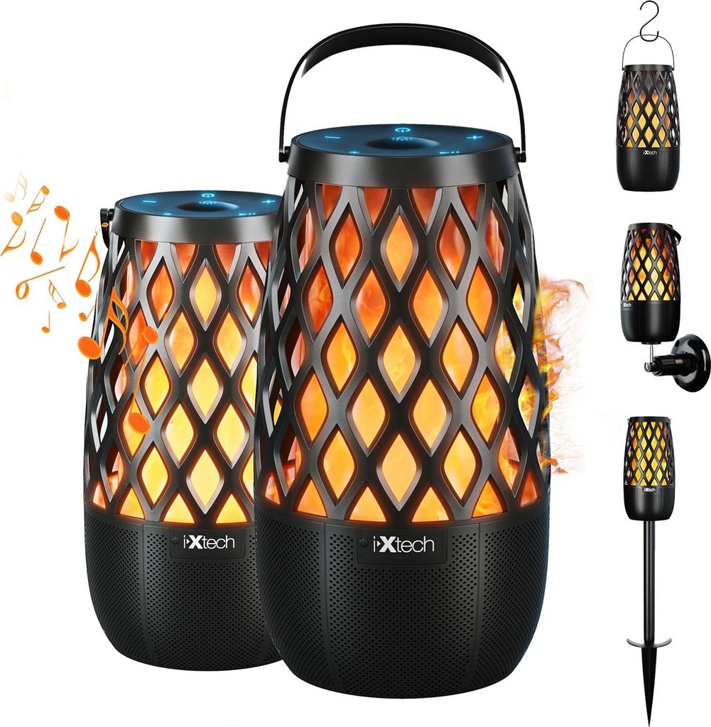 IXTECH Bluetooth Lautsprecher 2er Set IX-E01 Outdoor wasserdicht mit Flammenlicht