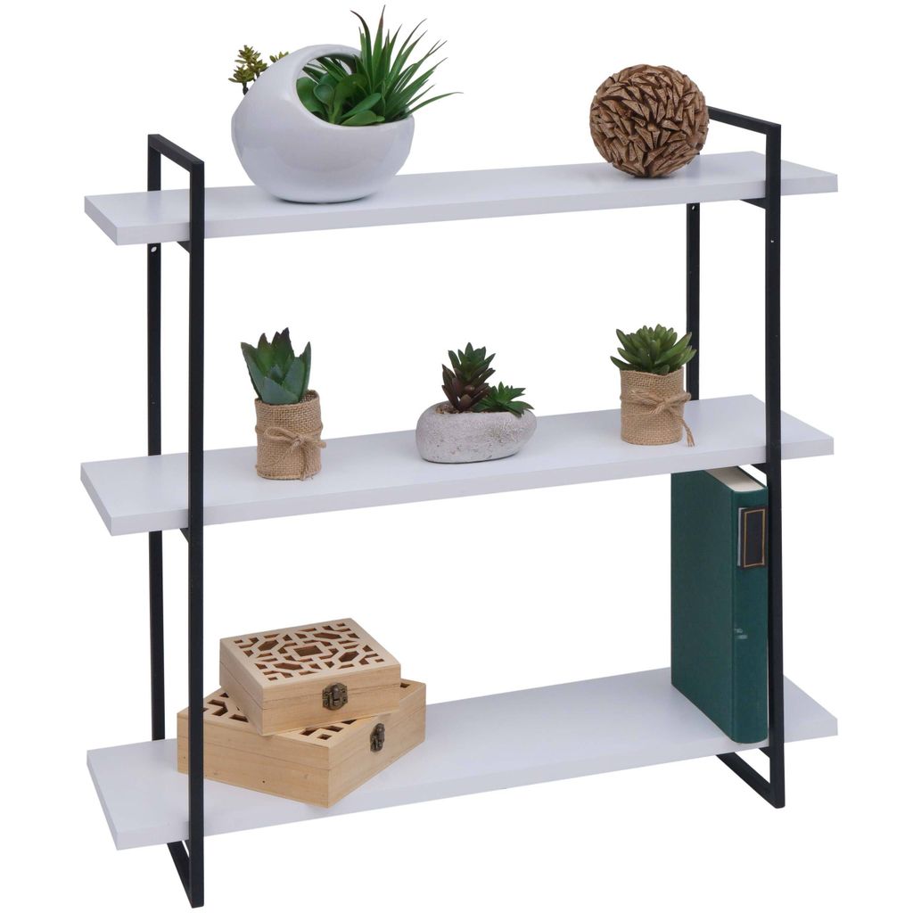 Wandregal HWC-K78, Hängeregal Schweberegal, 3 Regalböden Massiv-Holz Industrial 60x60x18cm weiß, Metall schwarz