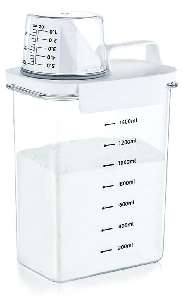 Luftdichter 1800-ml-Dosierbehälter mit Messbecher, multifunktionale Aufbewahrung für Waschpulver, Waschmittel und Granulat, 1 Stück, weiß