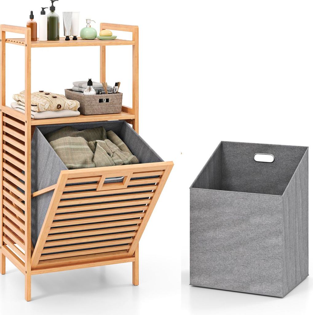 A bamboo laundry hamper with a slatted front and a removable fabric liner, shown next to a separate grey fabric bin.