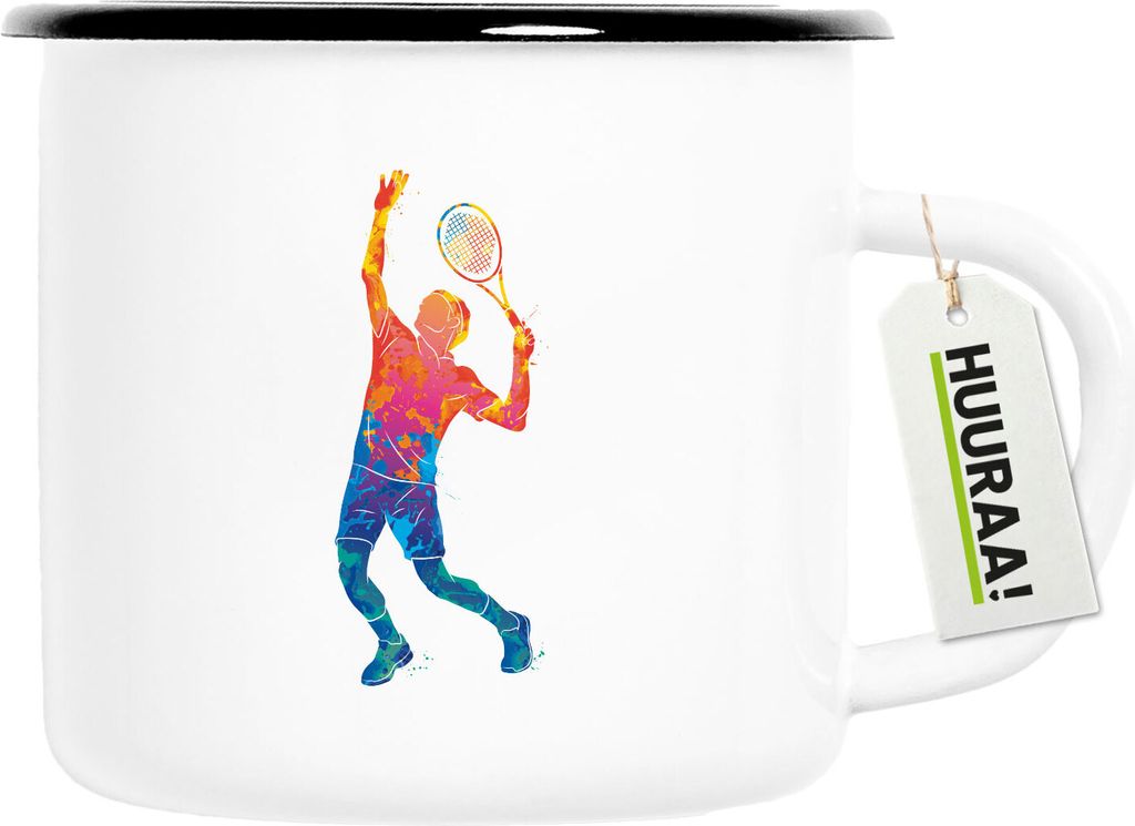 Huuraa Emaille Tasse Tennis Spieler bunte Silhouette 300ml Vintage Campingbecher Geschenkidee