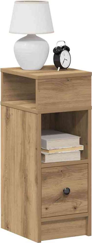 A wooden nightstand with a lamp and an alarm clock on top.