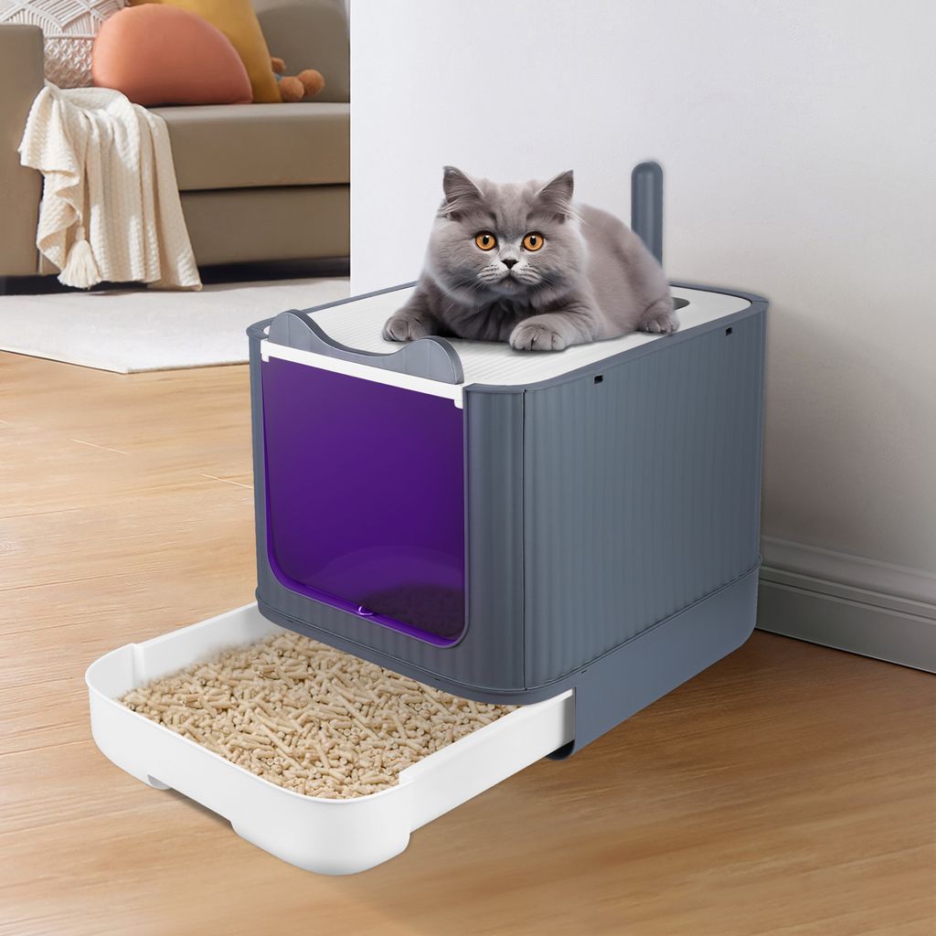 Katzentoilette mit UV-Licht,große Katzenklo Geschlossen,Katzentoilette mit Schublade & Schaufel,2 Öffnungen,Geruchskontrolle 44.5x36.5x34.5cm