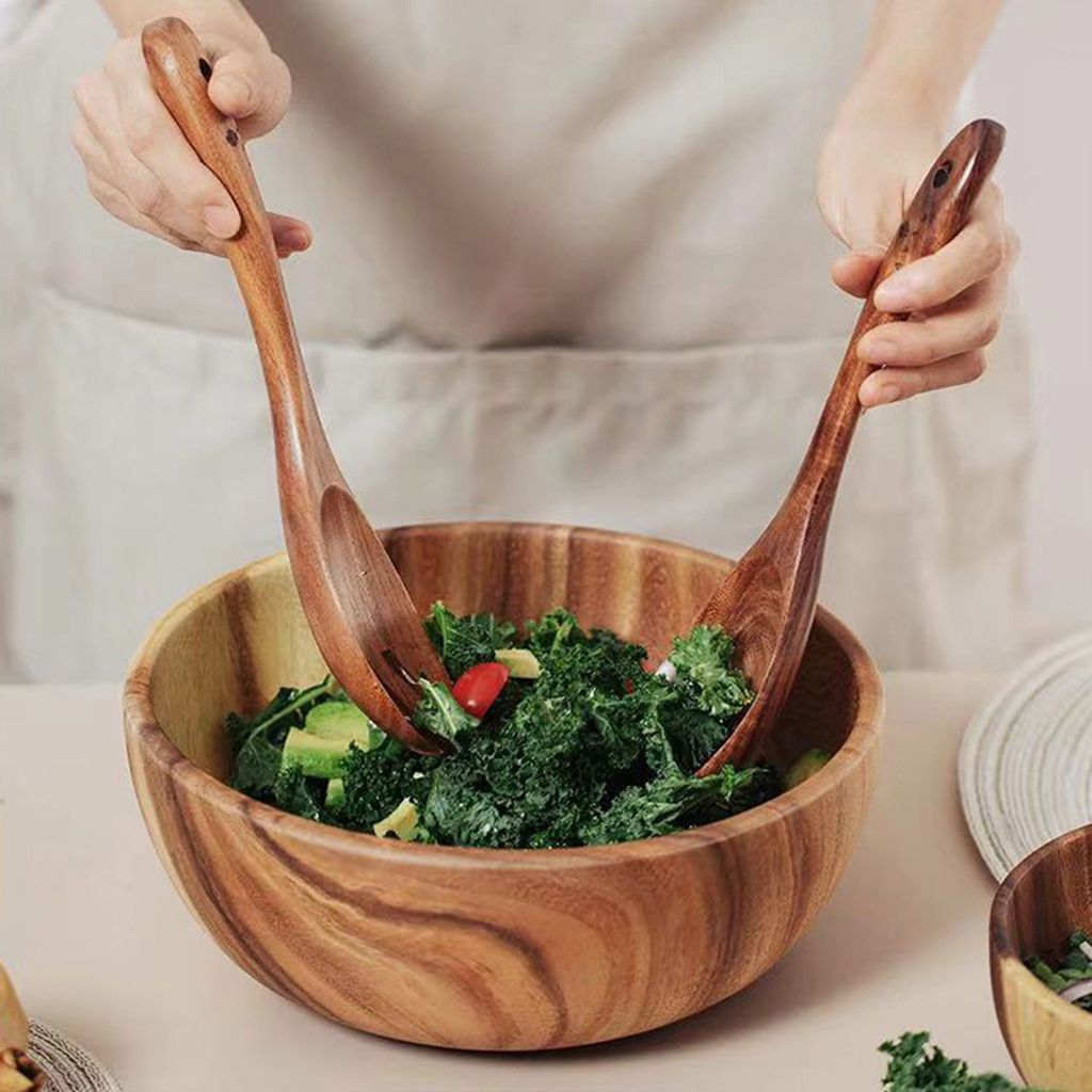 3pcs/Set Salat Bowl Burr leicht zu reinigen hölzerne Nudeln Behälter mit Löffel Gabel Besteck täglich