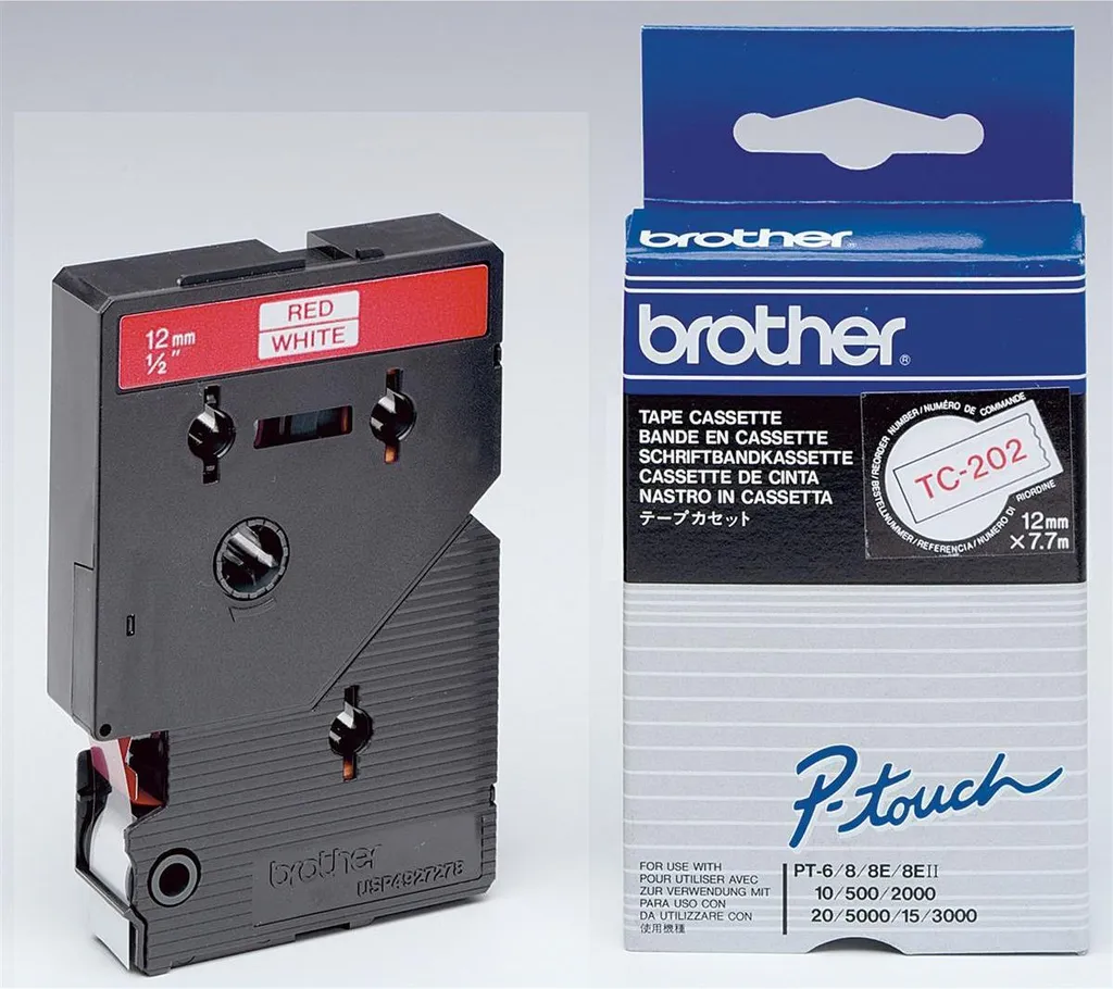 Brother TC-202 Nastro Laminato 12mm Rosso su Bianco Alta Resistenza