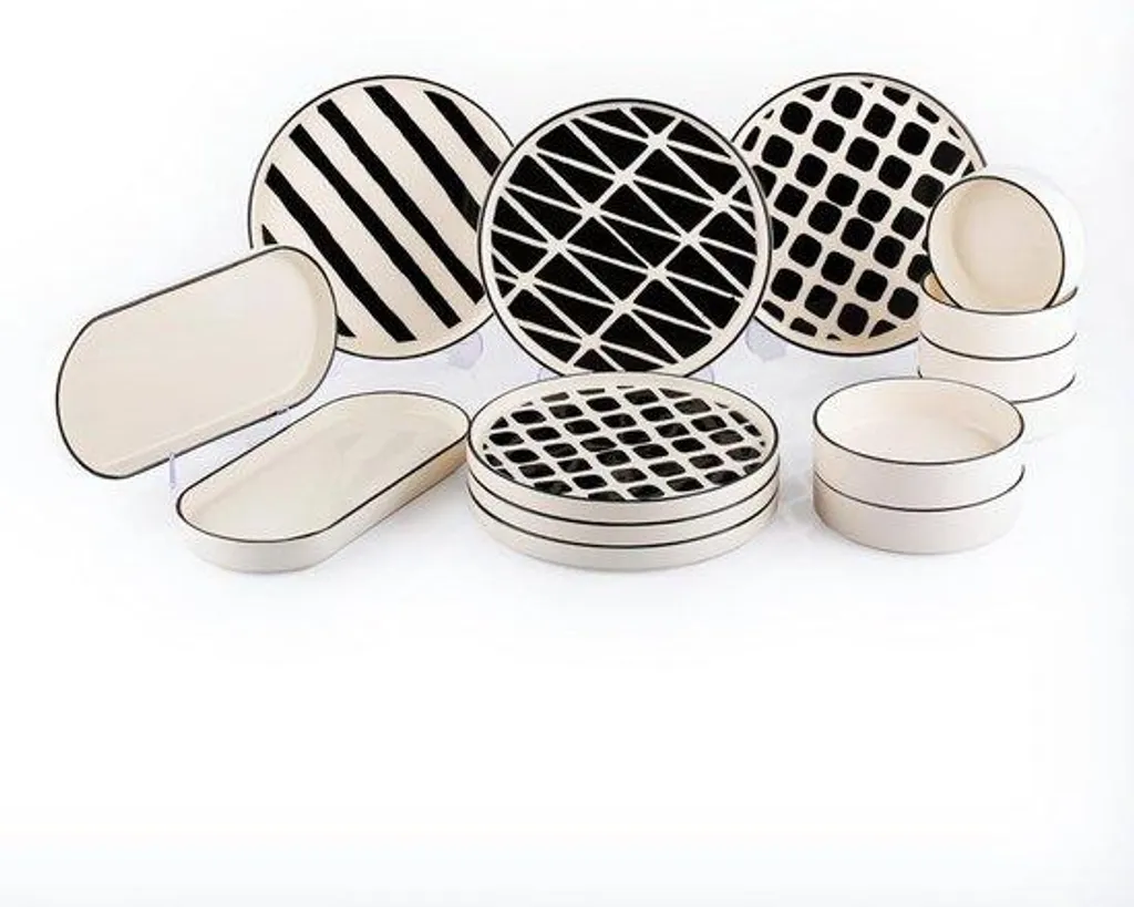 Assiettes de table pour le petit-déjeuner noir et blanc 14 pièces