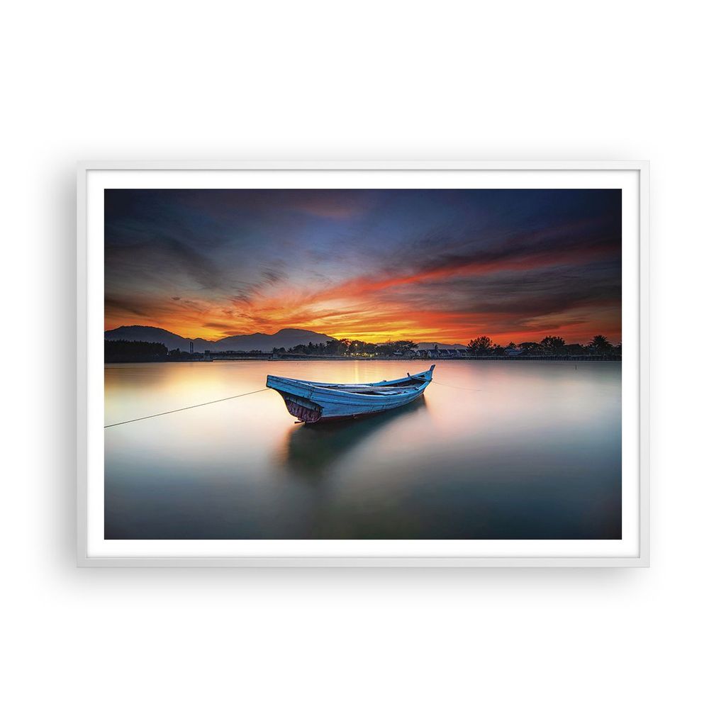 Gerahmtes Poster - Weißer Rahmen - Westen Sonne Boot - 100x70 cm - Wand Bild - Wanddeko - Wandbilder - Kunstposter - Wandposter - Bilderrahmen - B...