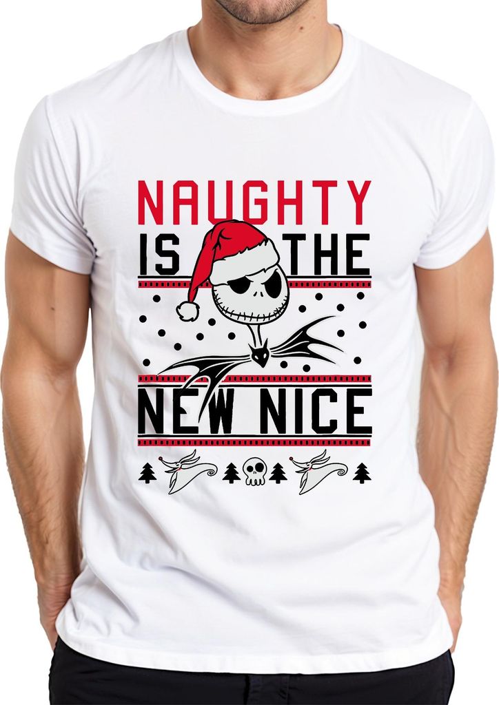 Naughty is the New Nice Weihnachten Ugly Sweater Jack Skellington Herren T-Shirt, Weiß, 3XL