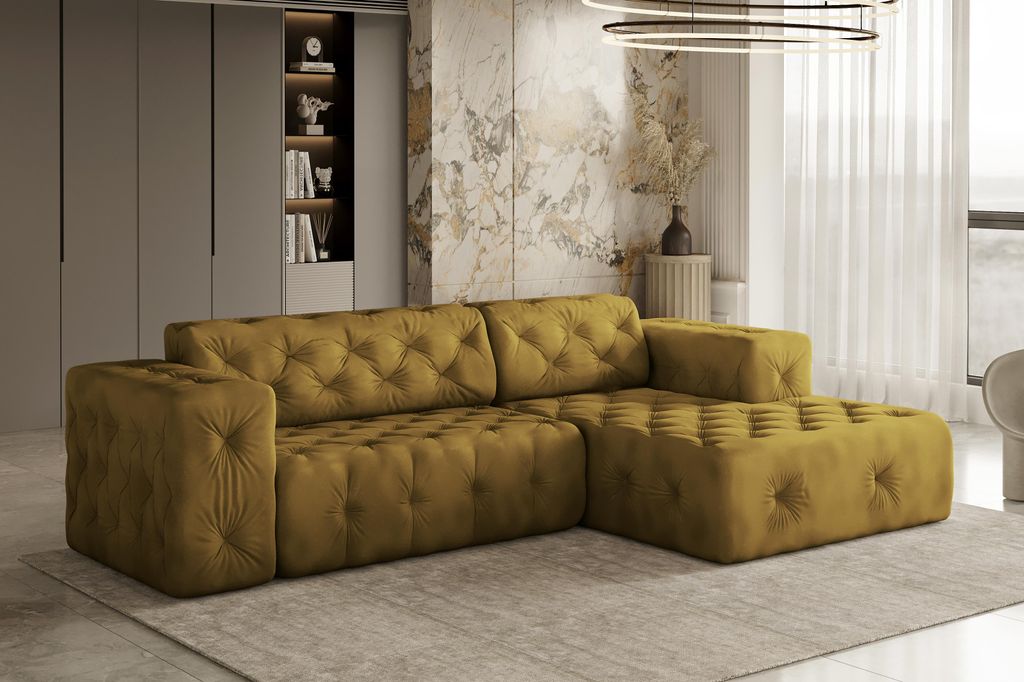 Kaiser Möbel Ecksofa, stark gesteppt, weich, elegant LUX stoff Whisper Rechts Golden