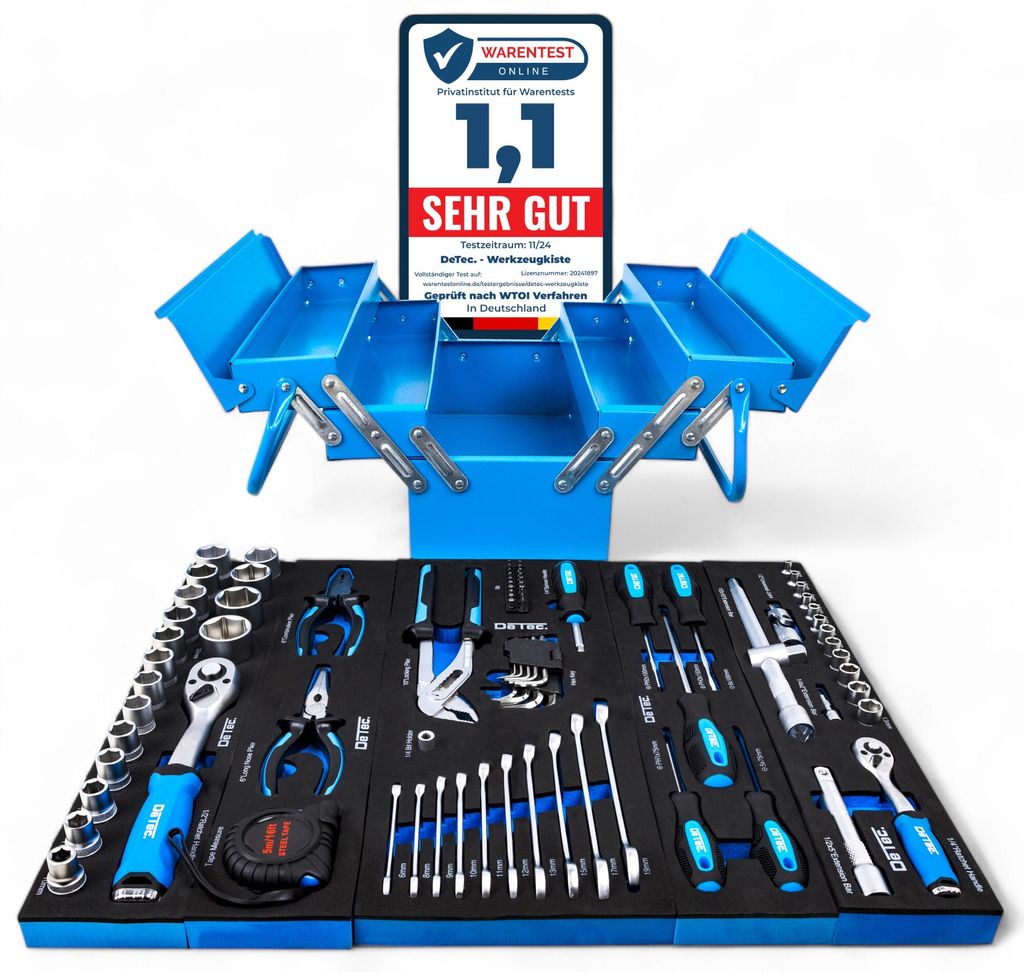 DeTec. Werkzeugkiste blue Edition | klassischer Metall-Werkzeugkasten gefüllt mit Werkzeug - 86tlg. Sortiment - blau