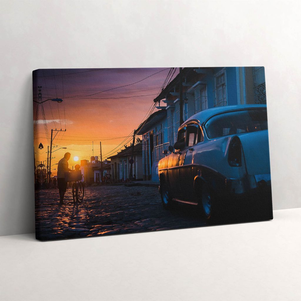 Sonnenuntergang und altes Auto – Leinwandbild Wandbild – 30x20 cm – Leinwandbilder – Wandbilder – Schlafzimmer – Flur