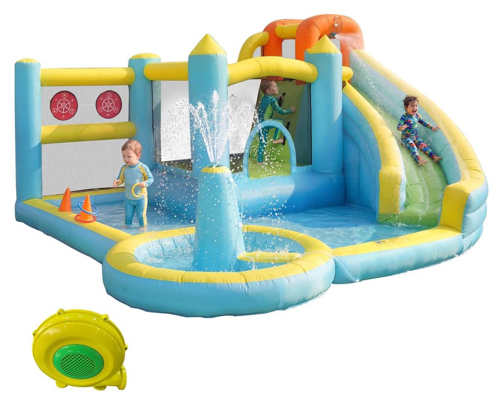 Zimilo Kinder Hüpfburg Wasserpark mit Rutsche, Pool & Springbrunnen, Aufblasbare Spielburg mit Trampolin & Wurfspiel, inkl. Gebläse, 430x390x210 cm