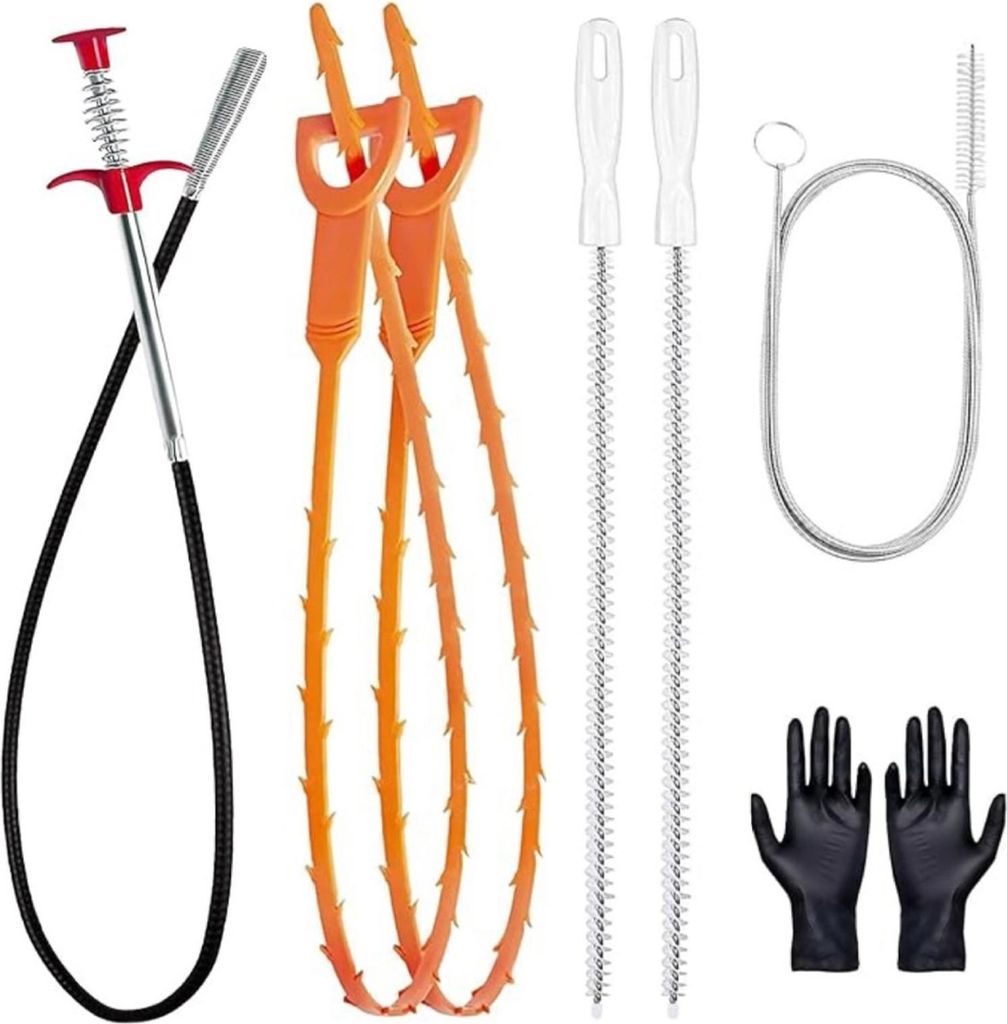 STILVORA Rohrreiniger, 7-teiliges Abflussreinigungsset, Rohrreinigungsspirale & Haarentferner für Waschbecken, Dusche & WC, Verstopfungsentferner Set