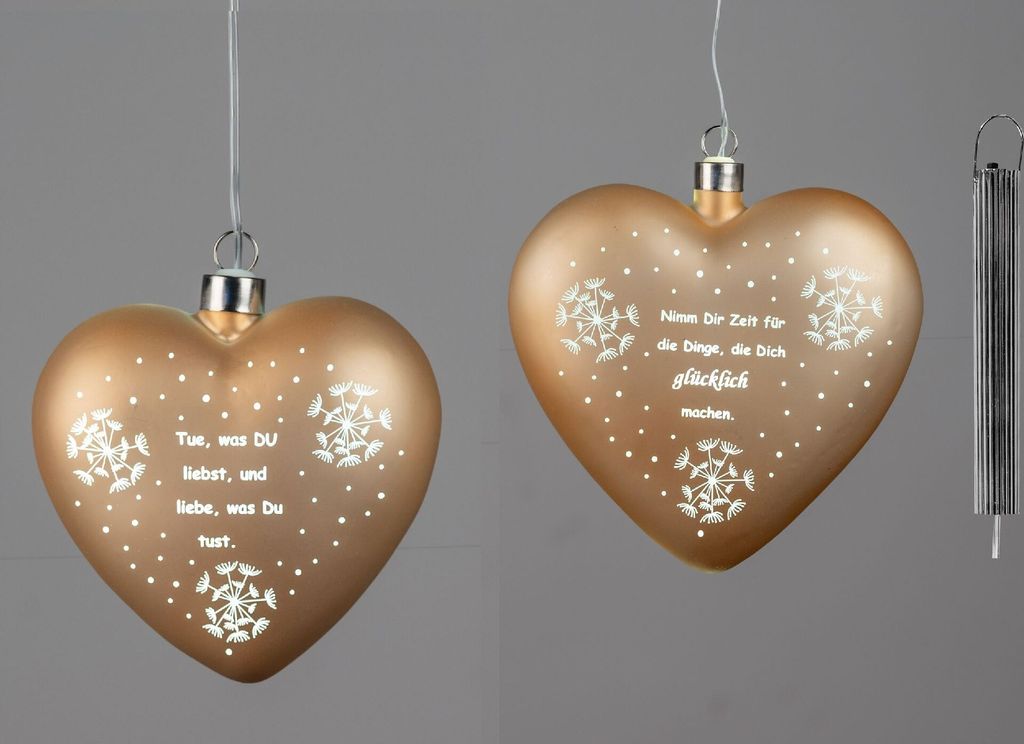 2er Set LED Hängedeko Herzen mit Spruch orange D. 15cm mit Timer Glas Formano