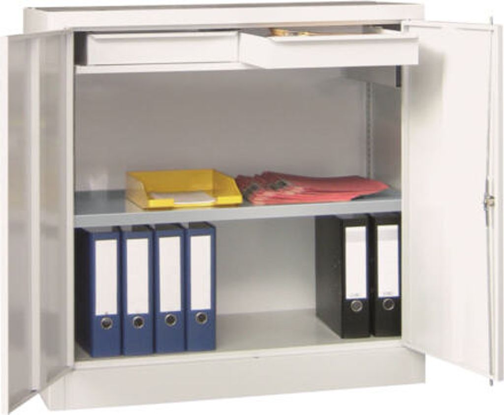 Stahlschrank - Vollblechtür - Zylinderschloss - 1 Einlegeboden, 2 Schubladen - 1.000x1.000x500 mm (HxBxT) - resedagrün/lichtblau