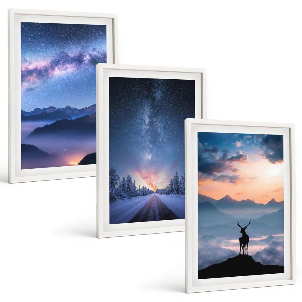 Bilder Set 3-teilig im weißen Rahmen – Wandbilder 3 Stück – gerahmte Poster für Wohnzimmer, Schlafzimmer und Flur – 40x60 cm – Nachthimm...