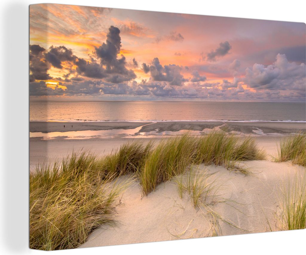 OneMillionCanvasses - Leinwandbilder - 140x90 cm, Feuriger Sonnenuntergang über dem Strand von Nes auf Ameland, Wandbilder Kunstdruck Wanddekora...