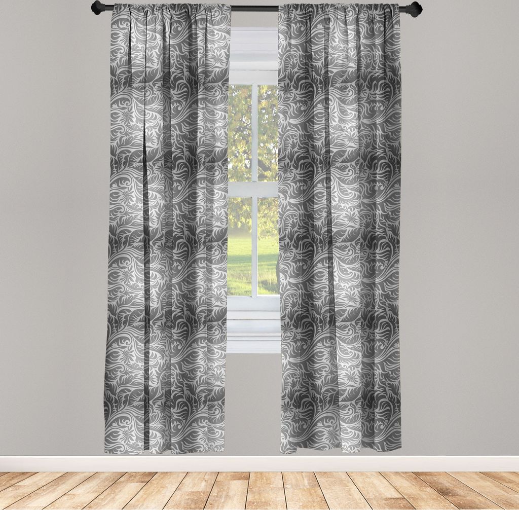 ABAKUHAUS Schwarz und Grau Vorhänge, Gardinen, Muster mit Farn Blätter und große Blumen Abstract Scroll Garden Art, 2 Stück 75 x 175 cm, , Schw...
