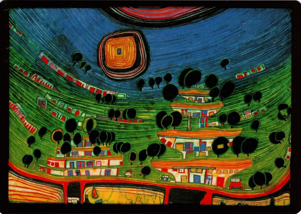 Kunstkarte Hundertwasser "Die Häuser hängen an der Unterseite der Wiesen"