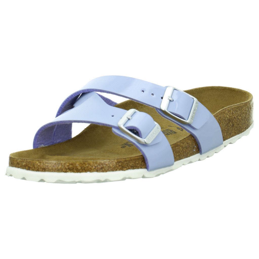 Birkenstock Yao Balance Damen Birko-Flor Lack Pantolette, Farbe:Patent Dove Blue, Größe:39, Weite:Schmal